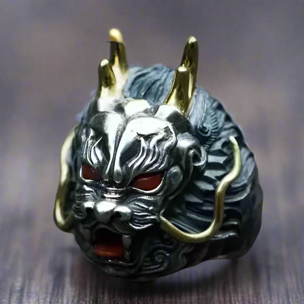 Adjustable Ring Men Chinese Dragon Qilin - resizable / S0039-Red