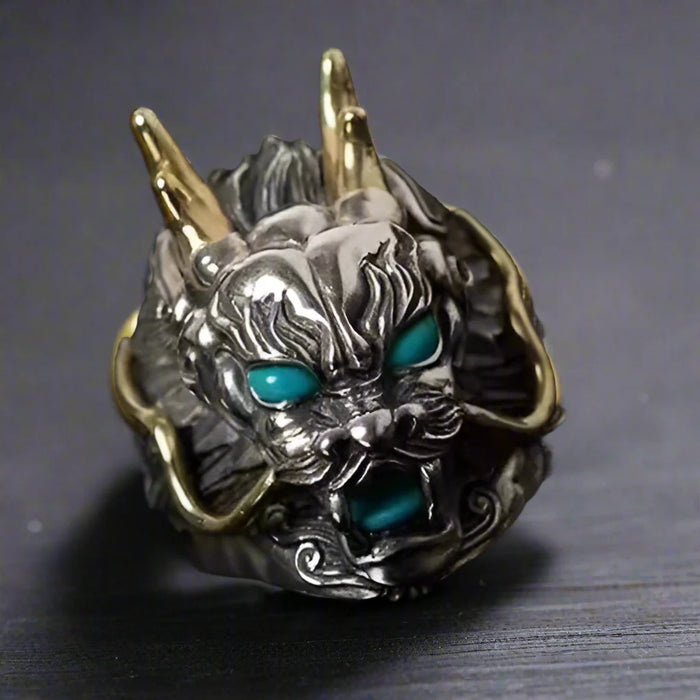 Verstellbarer Drachenring für Herren, SILBER, BLAUE AUGEN