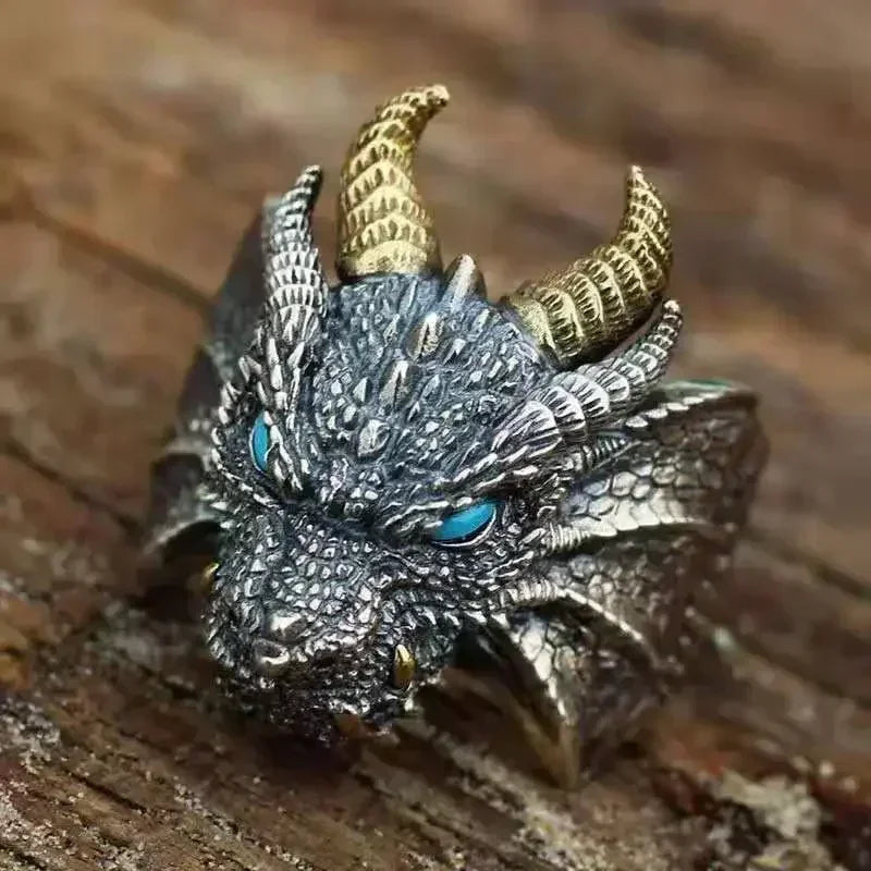 Adjustable Ring Men Mythical Dragon Blue Eyes - resizable / S0014-Blue
