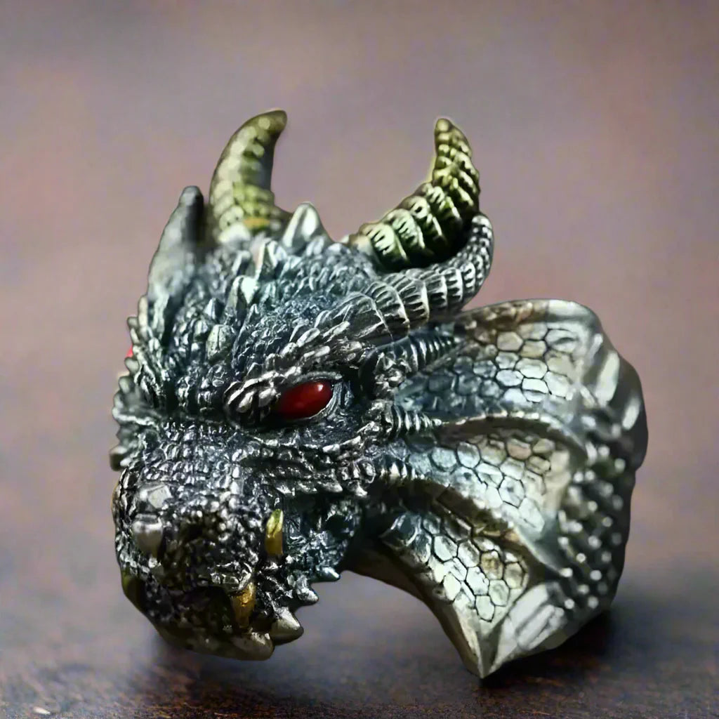Bague Dragon Homme Ajustable YEUX ROUGES METALIQUE - Ajustable