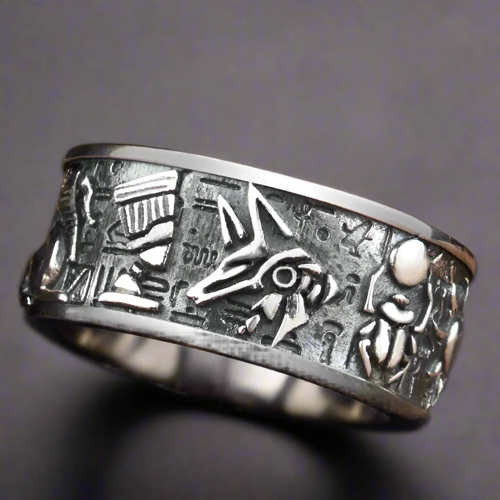 Adjustable Ring Men Antique Egyptian Anubis Hieroglyphs - resizable / S0074
