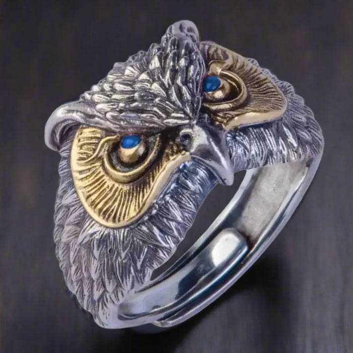 Bague Hibou Homme Ajustable YEUX BLEUS DORÉS