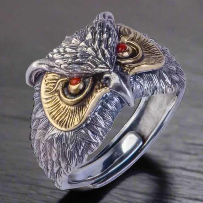 Bague Hibou Homme Ajustable YEUX ROUGES DORÉS