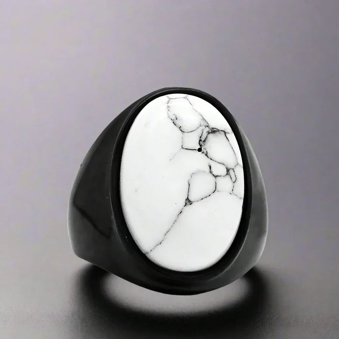 Bague Homme Acier Noire Pierre BLANCHE MARBRÉE