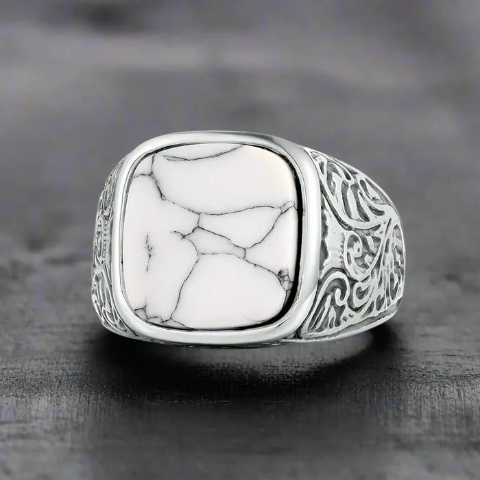 Bague Homme Acier Pierre BLANC MARBRÉ