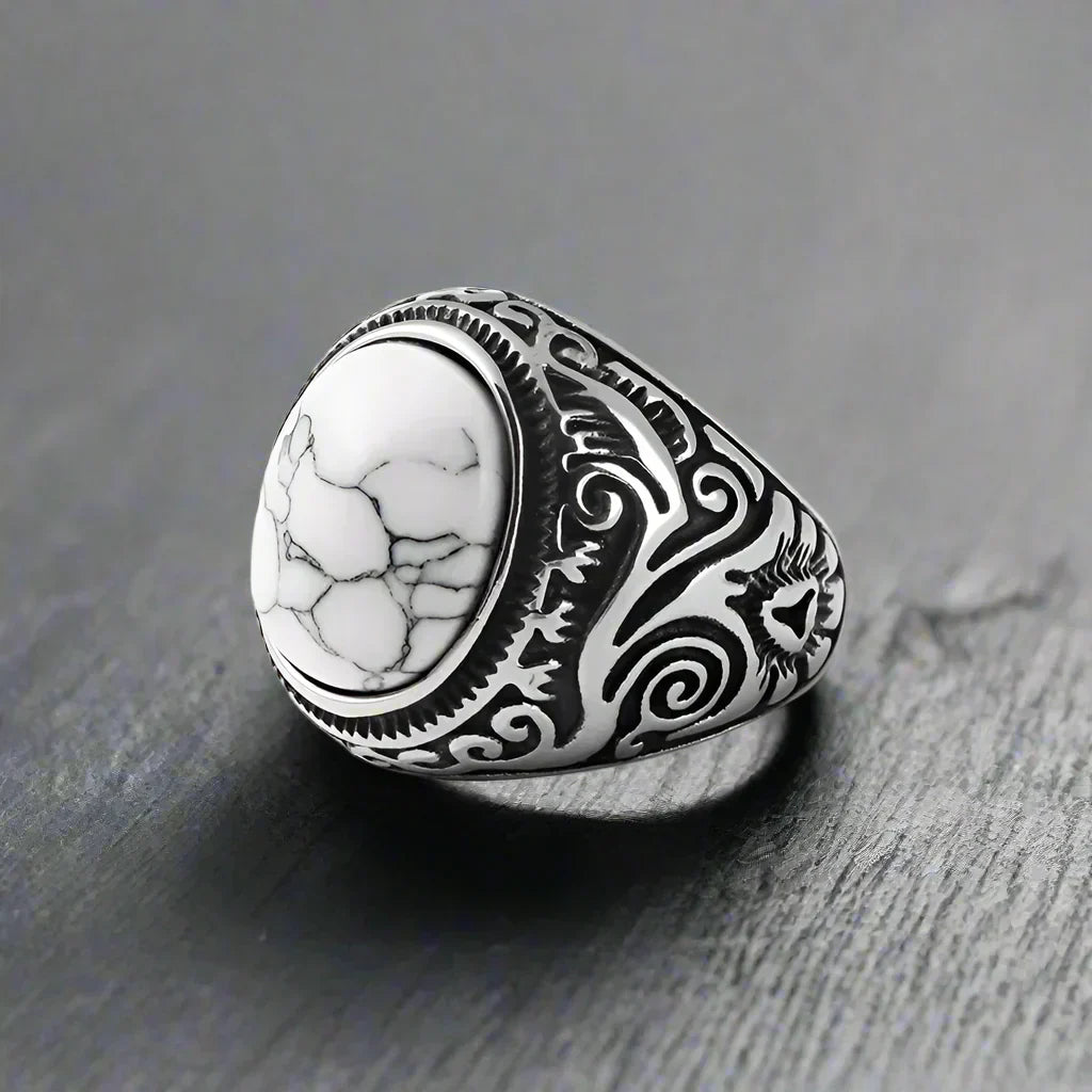 Bague Vintage Gravée Pierre Blanche Acier - Pierre Blanche / 13