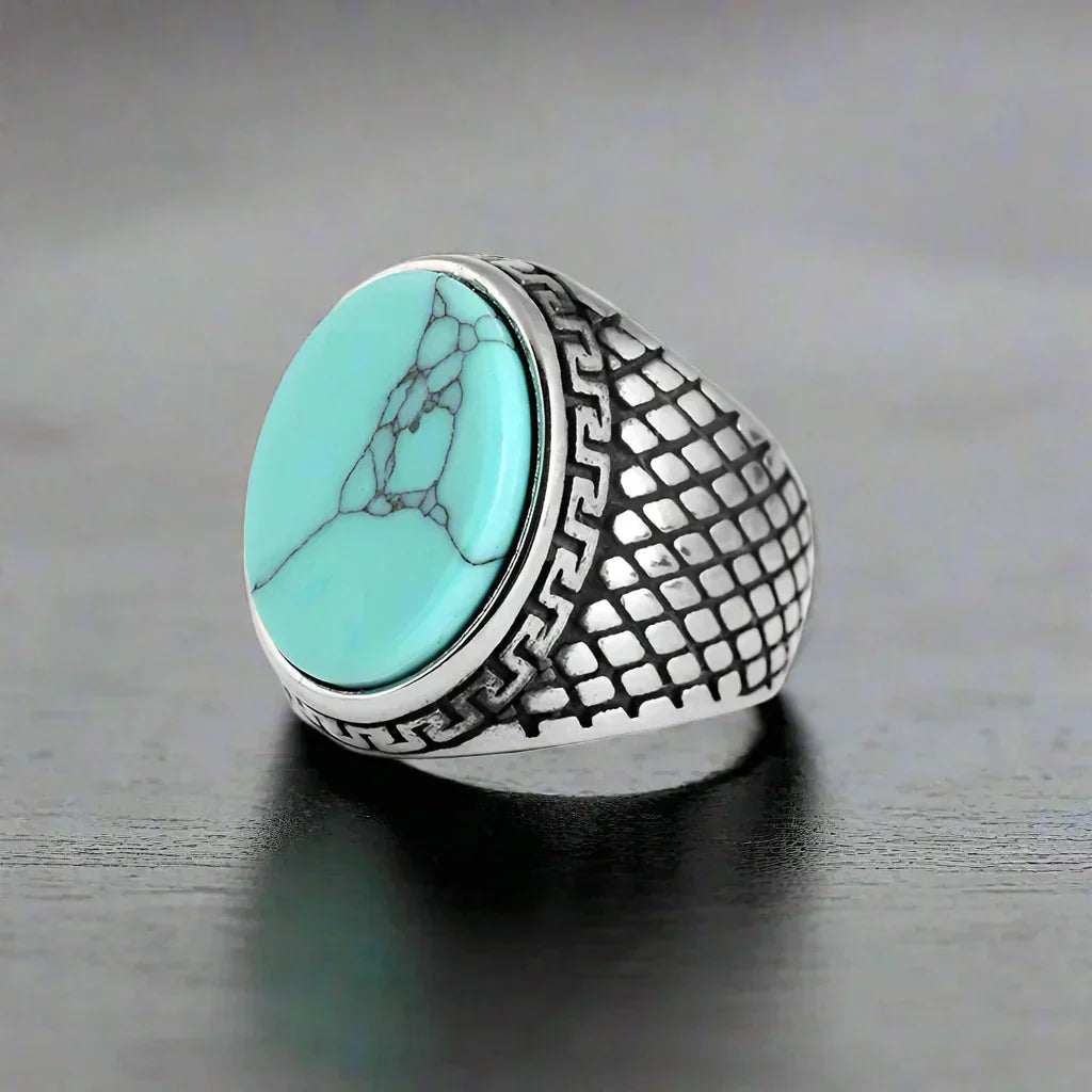 Bague Vintage en Acier avec Pierre Turquoise - Bleue / 7