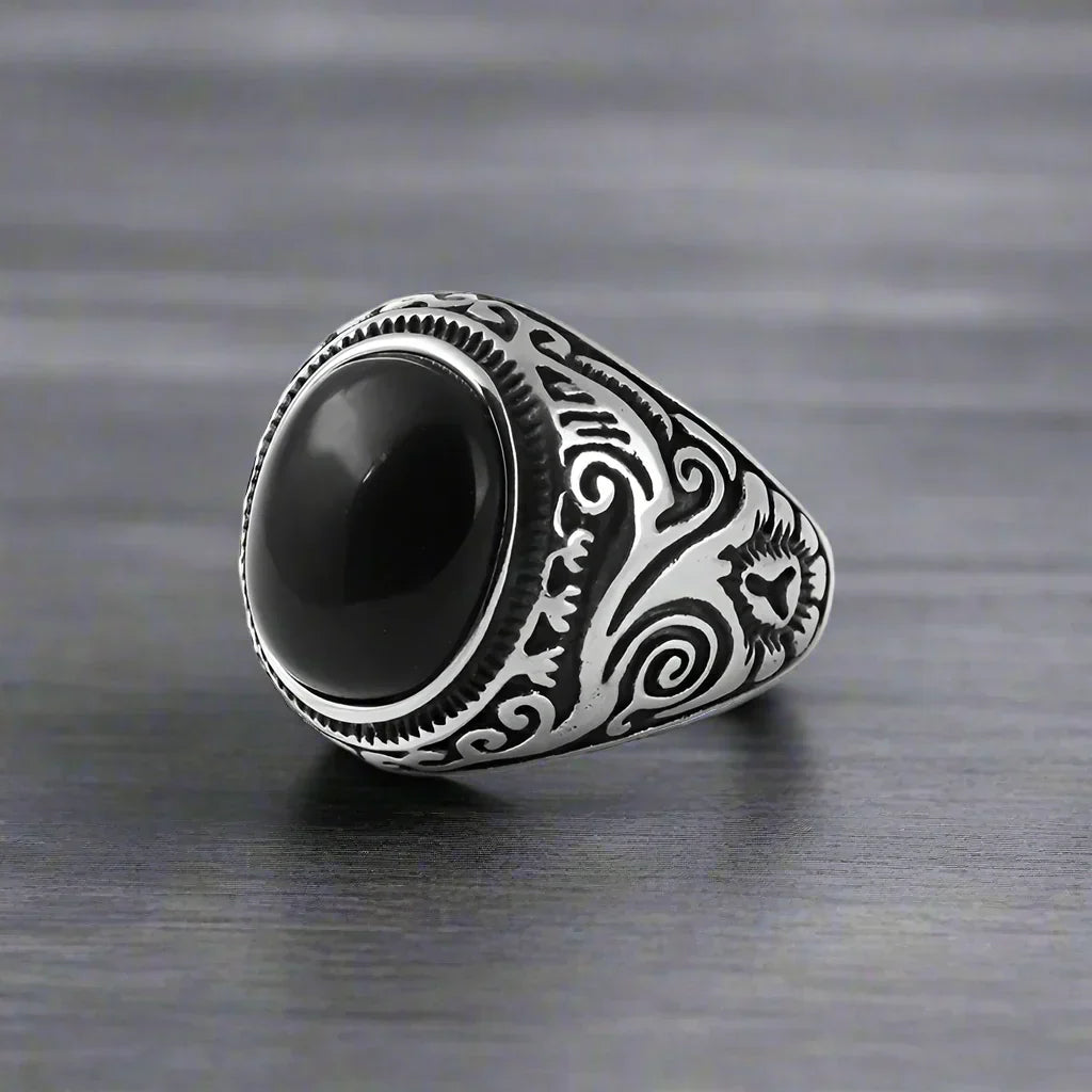 Bague Vintage Acier avec Pierre Noire - Noire / 7