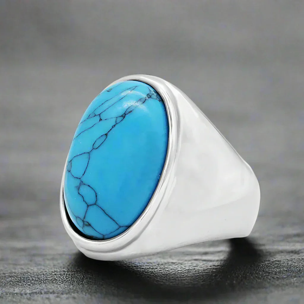 Bague en Acier Inoxydable Pierre Turquoise - Bleue / 13