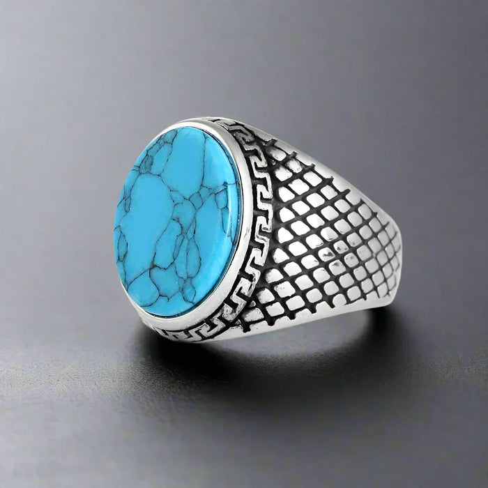 Bague Homme Acier Pierre TURQUOISE TEXTURÉE