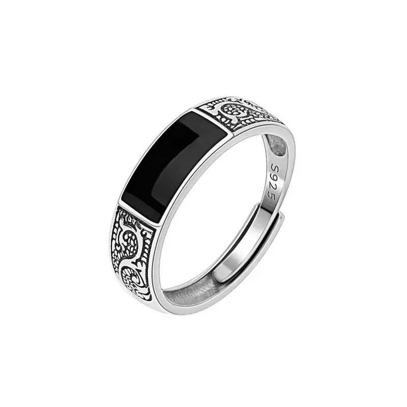 Bague Argent 925 Minimaliste Noir - Ajustable