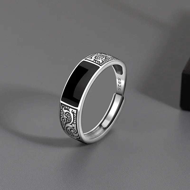 Bague Argent 925 Minimaliste Noir - Ajustable