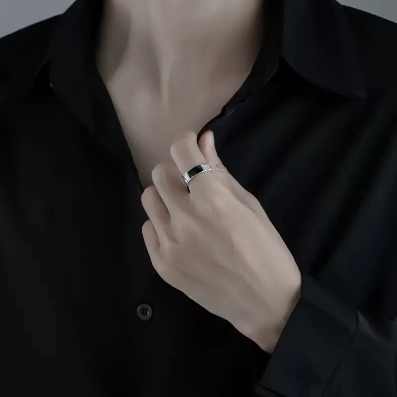 Bague Argent 925 Minimaliste Noir - Ajustable