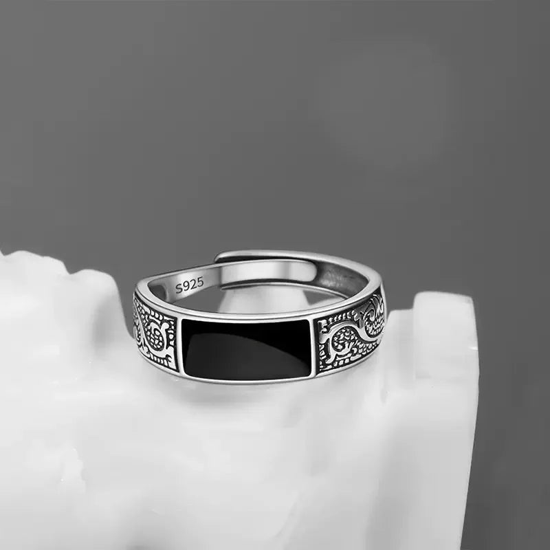 Bague Argent 925 Minimaliste Noir - Ajustable