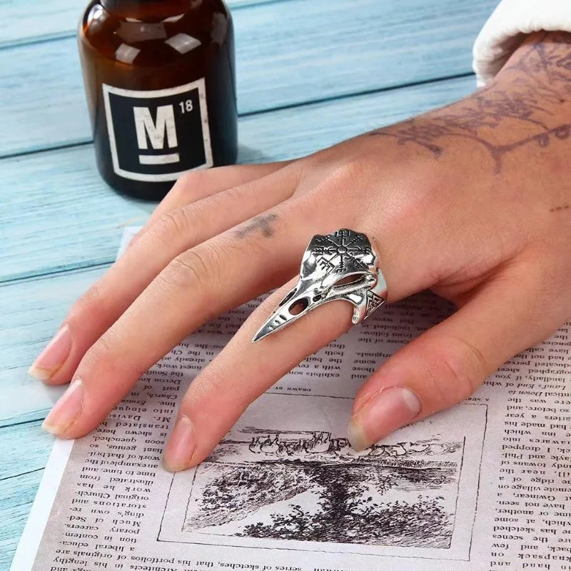 Bague Viking Corbeau Vegvisir - Argent Antique / Ajustable