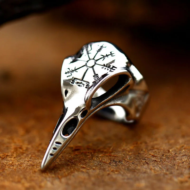 Bague Viking Corbeau Vegvisir - Argent Antique / Ajustable