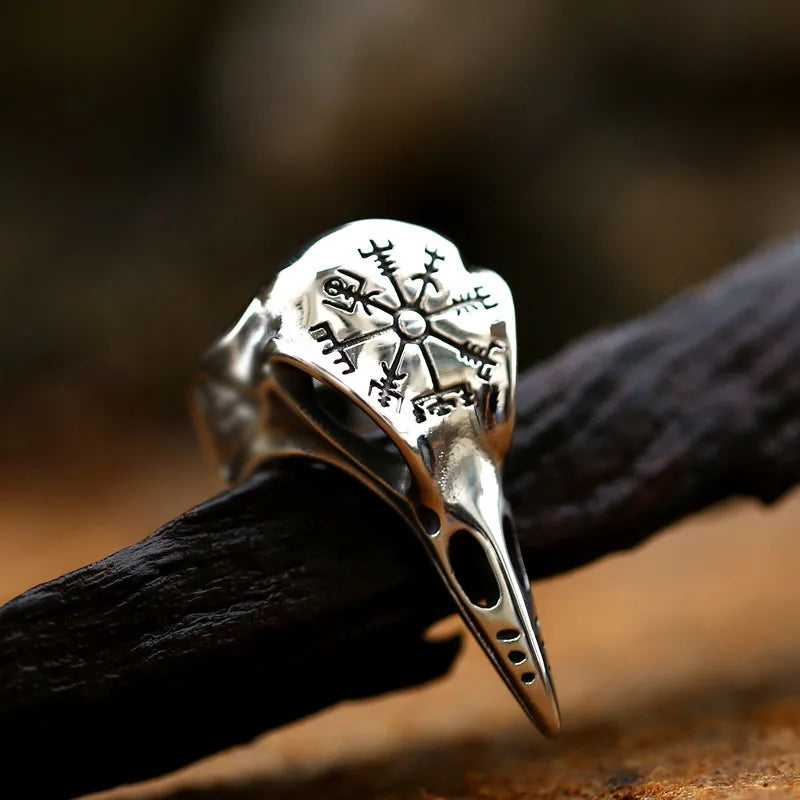 Bague Viking Corbeau Vegvisir - Argent Antique / Ajustable