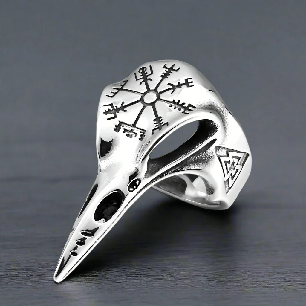 Bague Viking Corbeau Vegvisir - Argent Antique / Ajustable