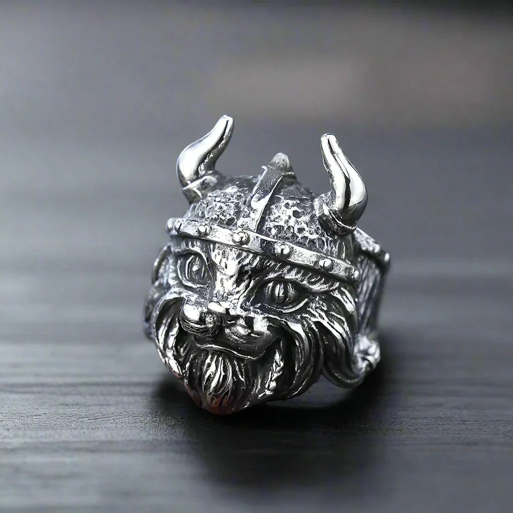 Bague Viking Chat Guerrier - Argent / Ajustable