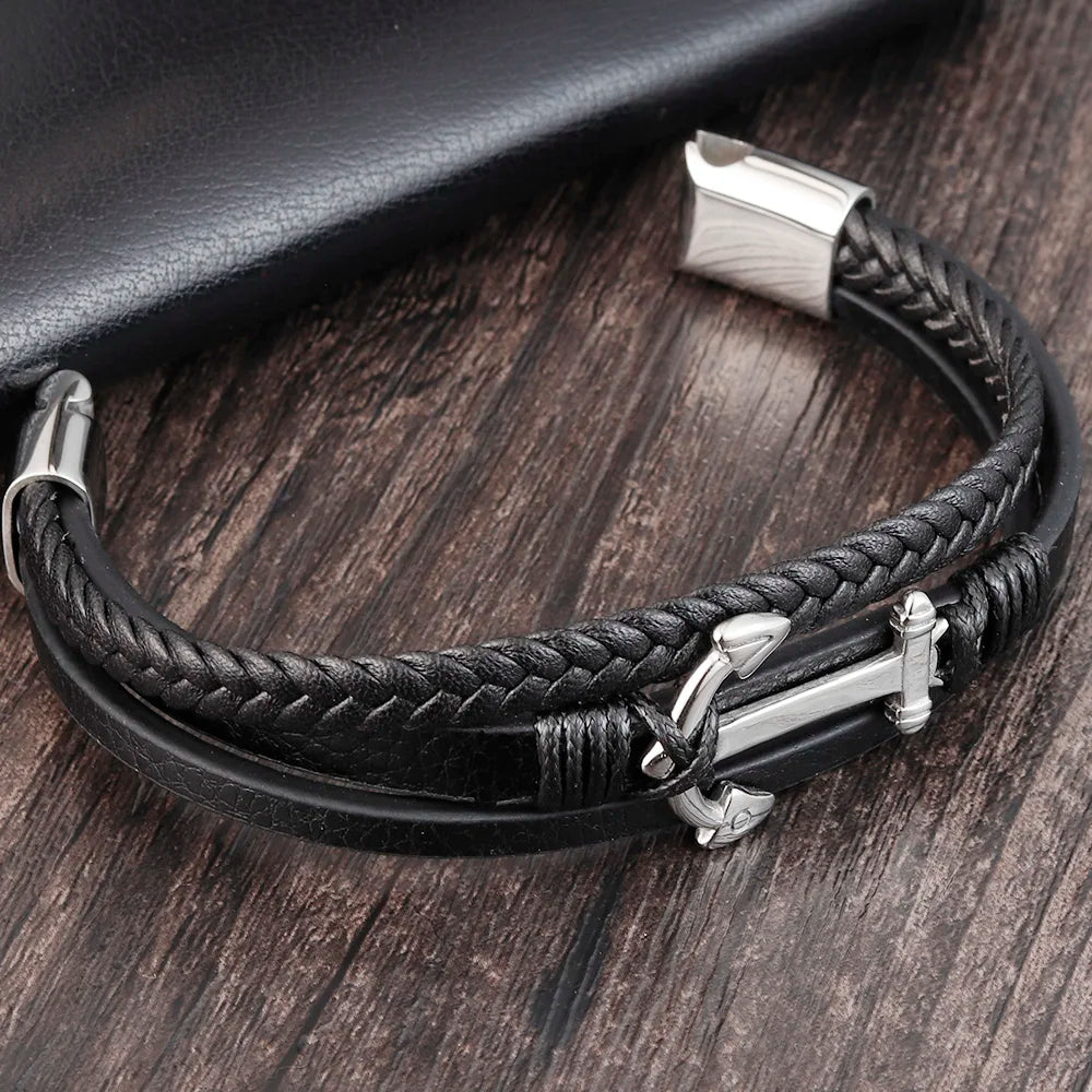 Punk Stainless Steel Anchor Bracelets Genuine Leather Bracelet & Bangles for Men Black