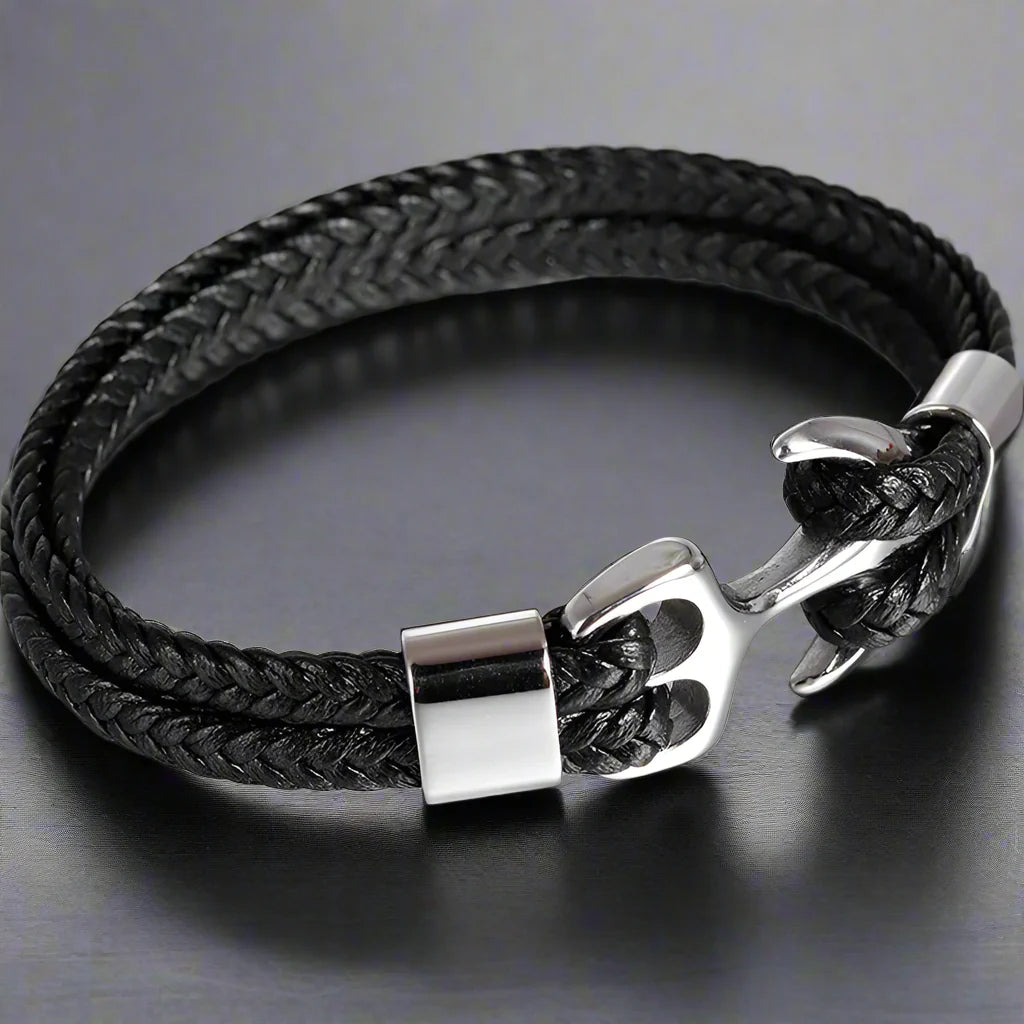 Punk Stainless Steel Anchor Bracelets Genuine Leather Bracelet & Bangles for Men Black - color 2 / 21cm