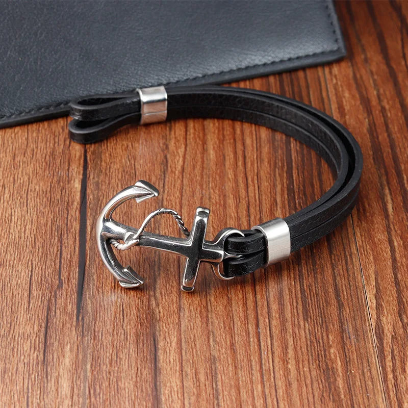 Bracelet Ancre Homme Cuir Noir Vintage avec Détails en Acier Inoxydable - 21CM