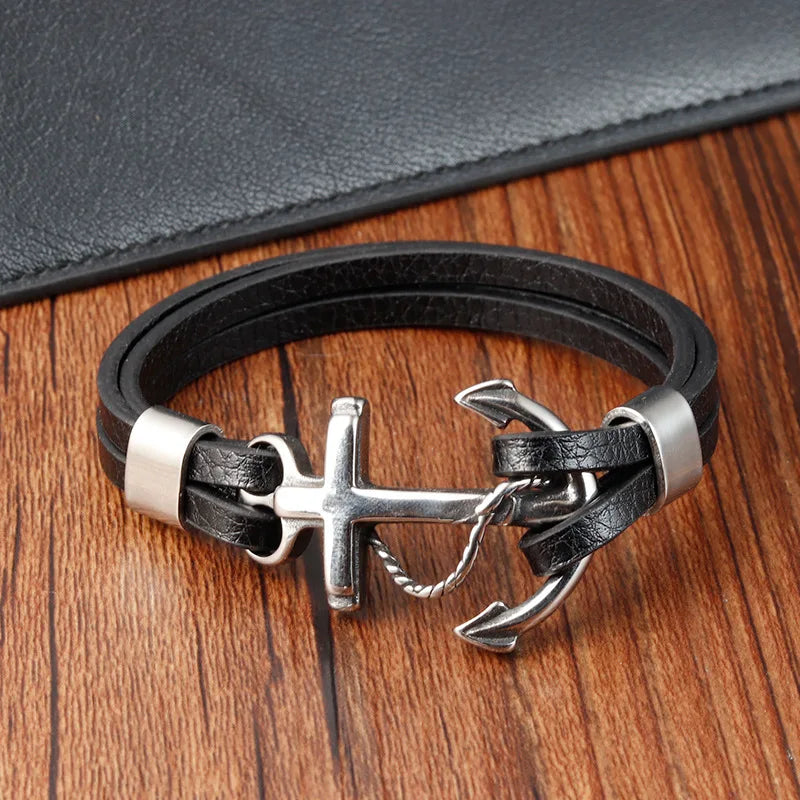 Bracelet Ancre Homme Cuir Noir Vintage avec Détails en Acier Inoxydable - 21CM