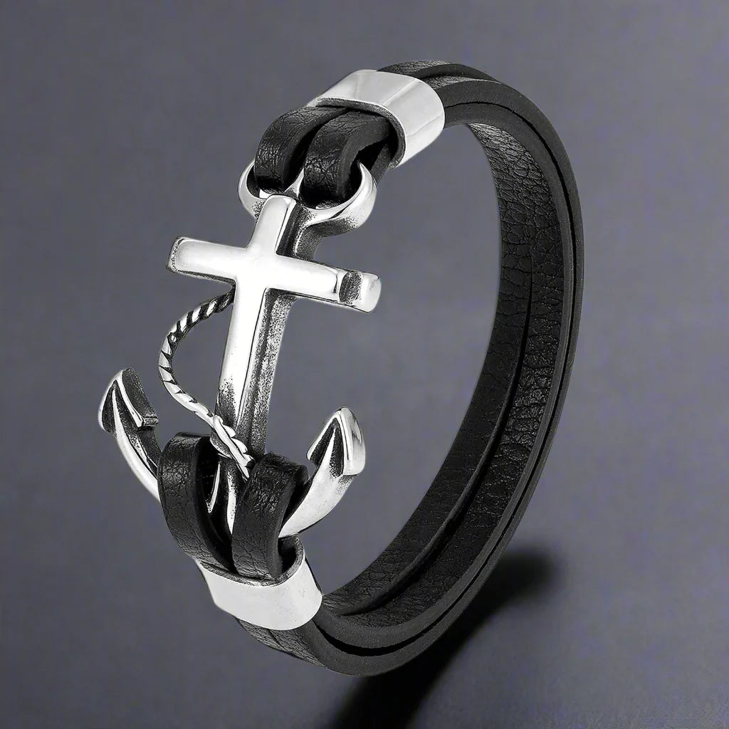 Bracelet Ancre Homme Cuir Noir Vintage avec Détails en Acier Inoxydable - 21CM