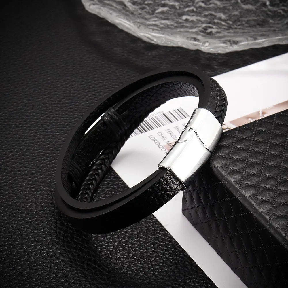 Bracelet Ancre Homme Cuir Noir Tressé avec Fermoir Métallique - silver