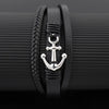 Bracelet Ancre Homme Cuir Noir Tressé avec Fermoir Métallique - silver