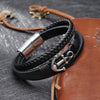 Bracelet Ancre Homme Cuir Noir Tressé avec Fermoir Métallique - silver