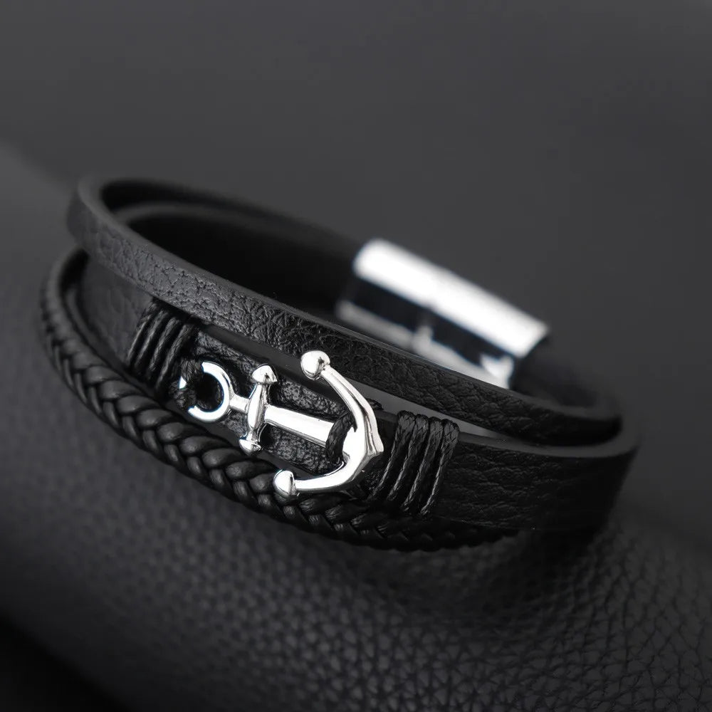 Bracelet Ancre Homme Cuir Noir Tressé avec Fermoir Métallique - silver