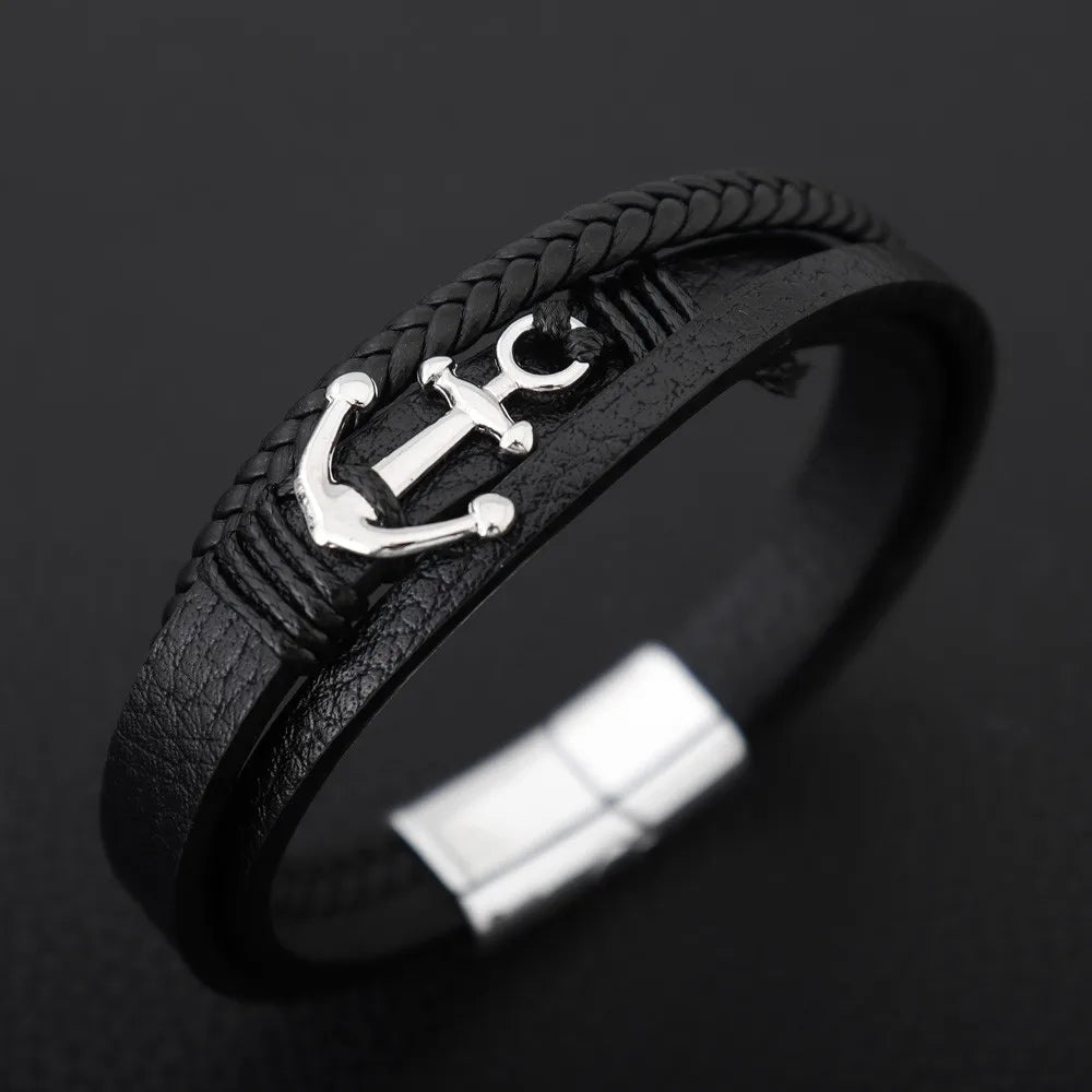 Bracelet Ancre Homme Cuir Noir Tressé avec Fermoir Métallique - silver