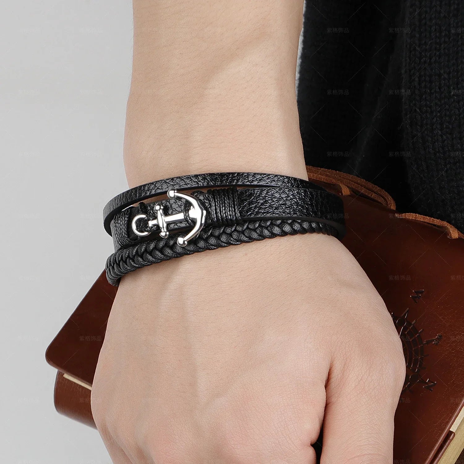 Bracelet Ancre Homme Cuir Noir Tressé avec Fermoir Métallique - silver