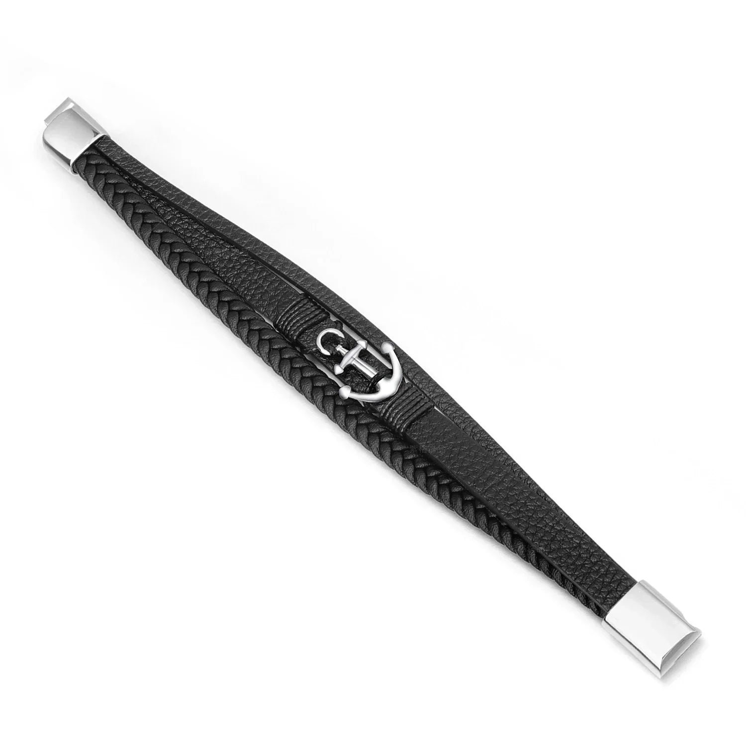 Bracelet Ancre Homme Cuir Noir Tressé avec Fermoir Métallique - silver