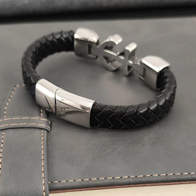 New Ship Anchor Bracelet for Men Hand Multi-Layers Black Leather with Magnetic Charm Bracelet Clasp