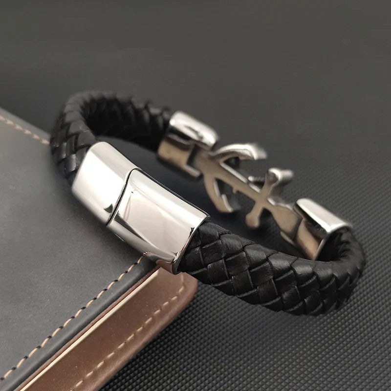 New Ship Anchor Bracelet for Men Hand Multi-Layers Black Leather with Magnetic Charm Bracelet Clasp