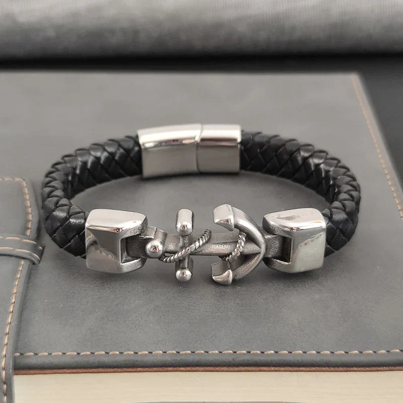 New Ship Anchor Bracelet for Men Hand Multi-Layers Black Leather with Magnetic Charm Bracelet Clasp