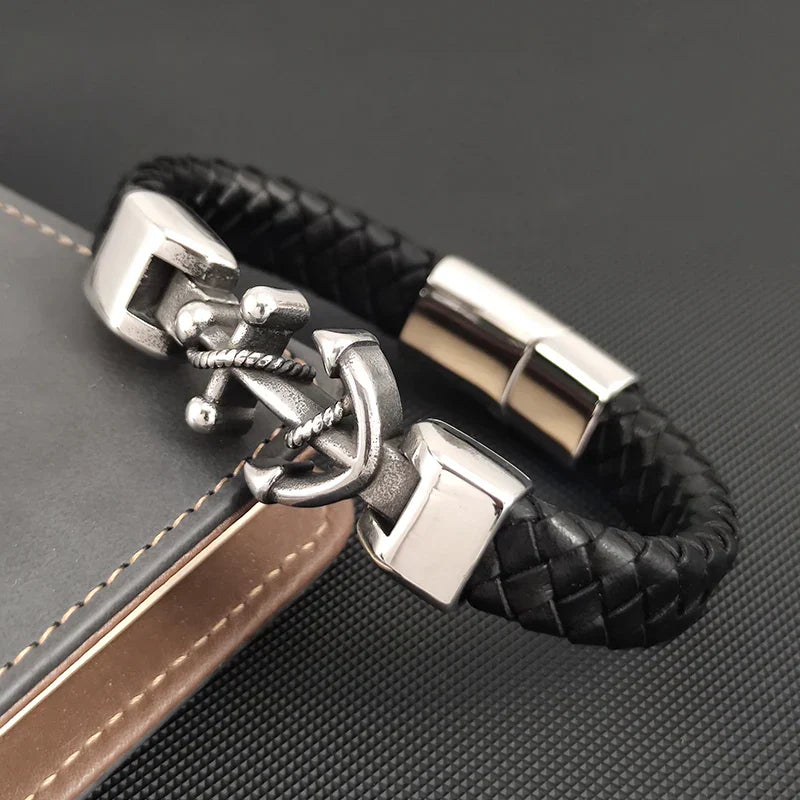New Ship Anchor Bracelet for Men Hand Multi-Layers Black Leather with Magnetic Charm Bracelet Clasp