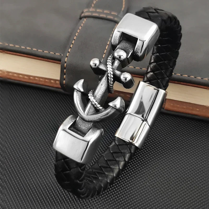 New Ship Anchor Bracelet for Men Hand Multi-Layers Black Leather with Magnetic Charm Bracelet Clasp