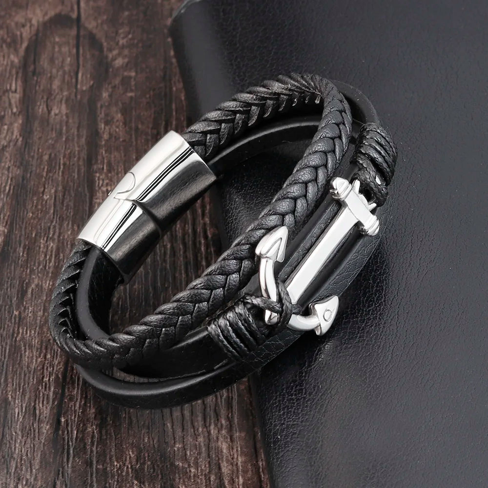 Bracelet Ancre Homme Cuir Tressé NOIR