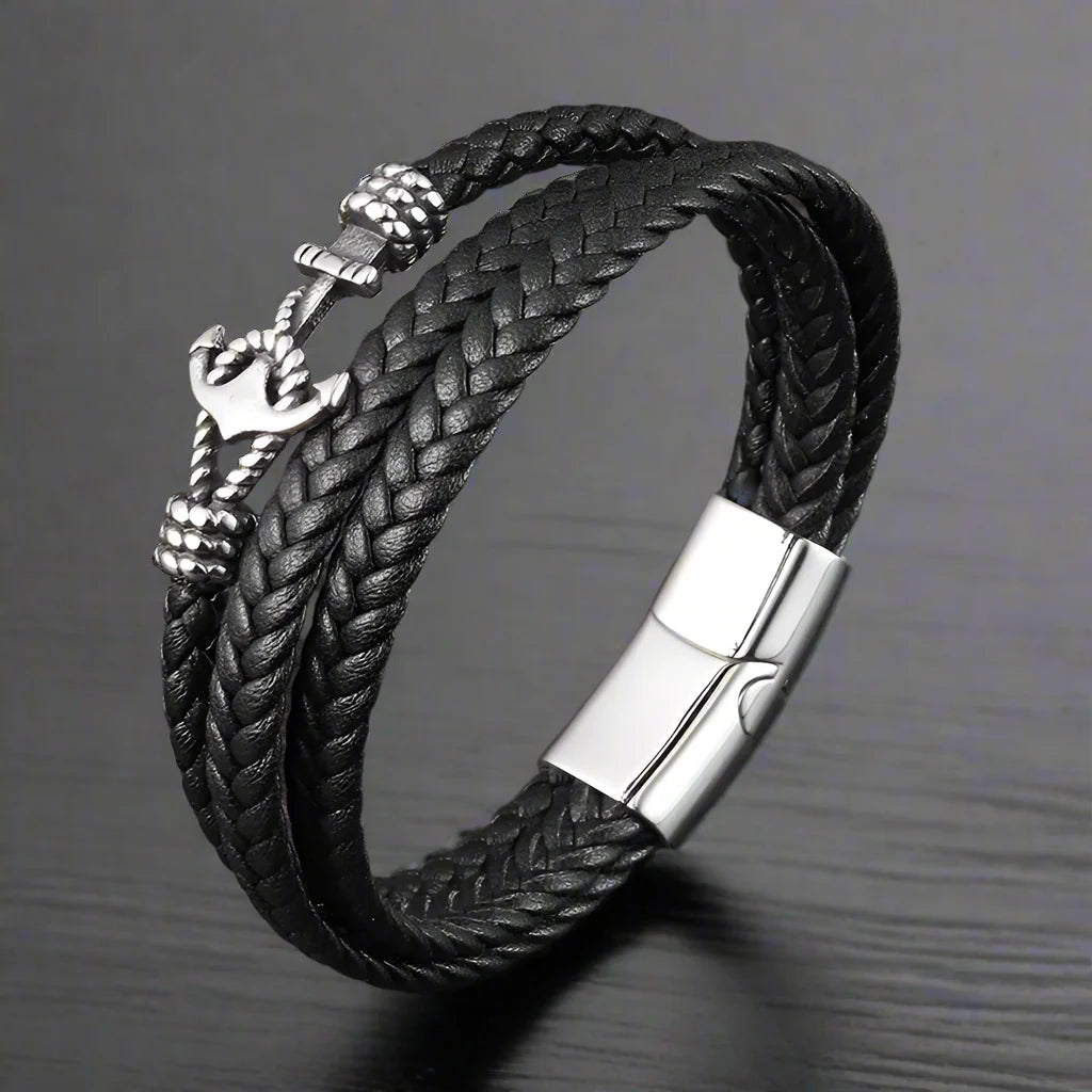 Bracelet Ancre Homme Cuir Tressé Noir ACIER INOXYDABLE - 21cm