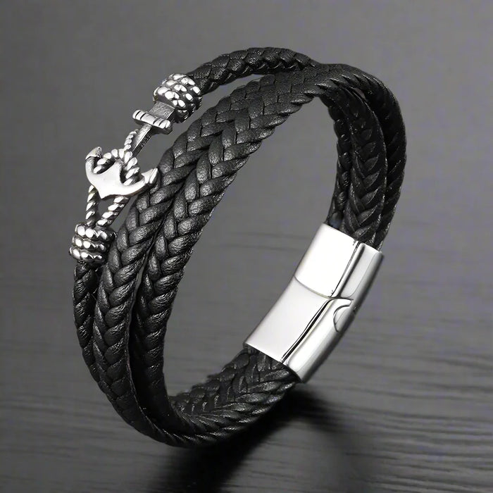 Bracelet Ancre Homme Cuir Tressé Noir ACIER INOXYDABLE