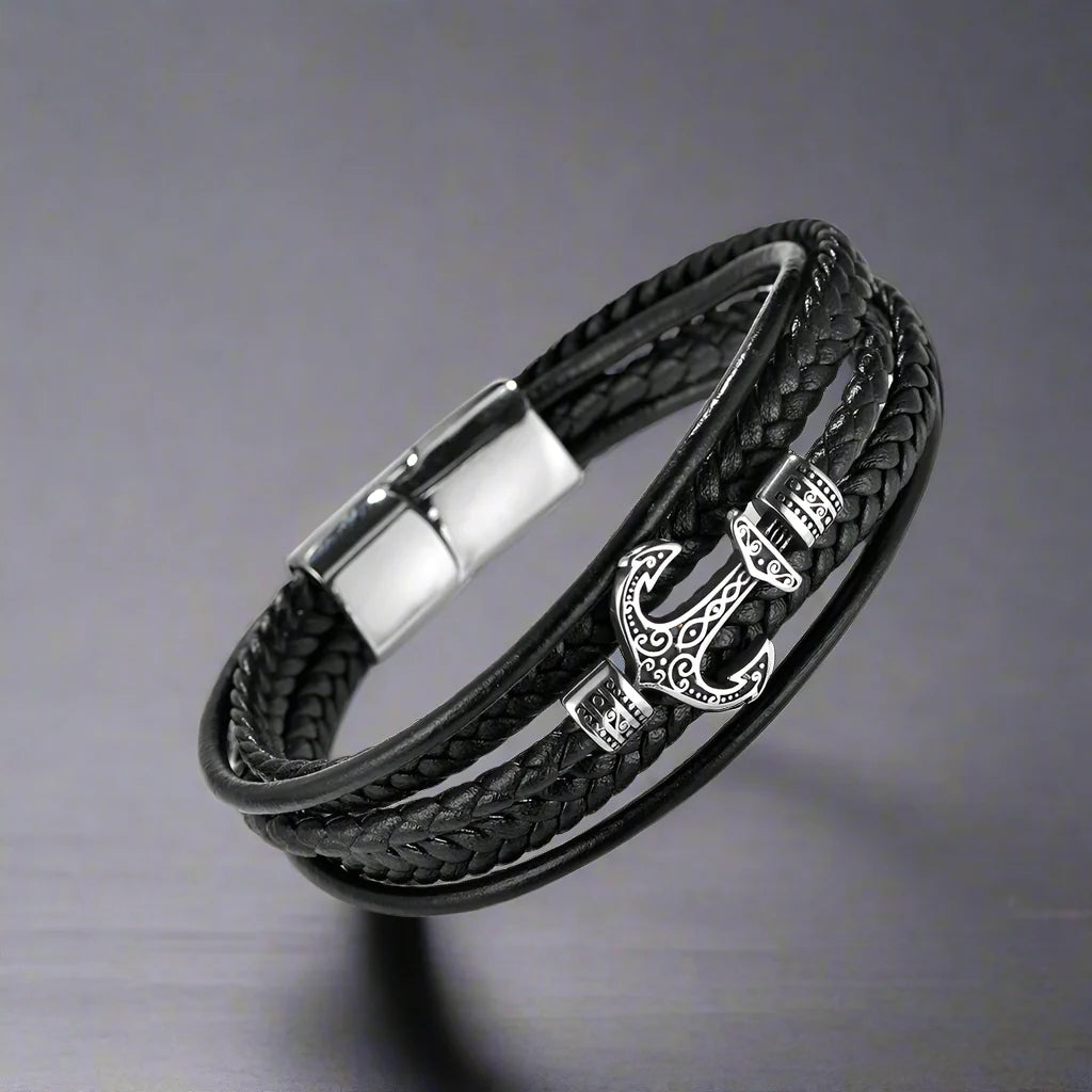 Bracelet Ancre Homme Cuir Tressé Noir RUNES VIKING