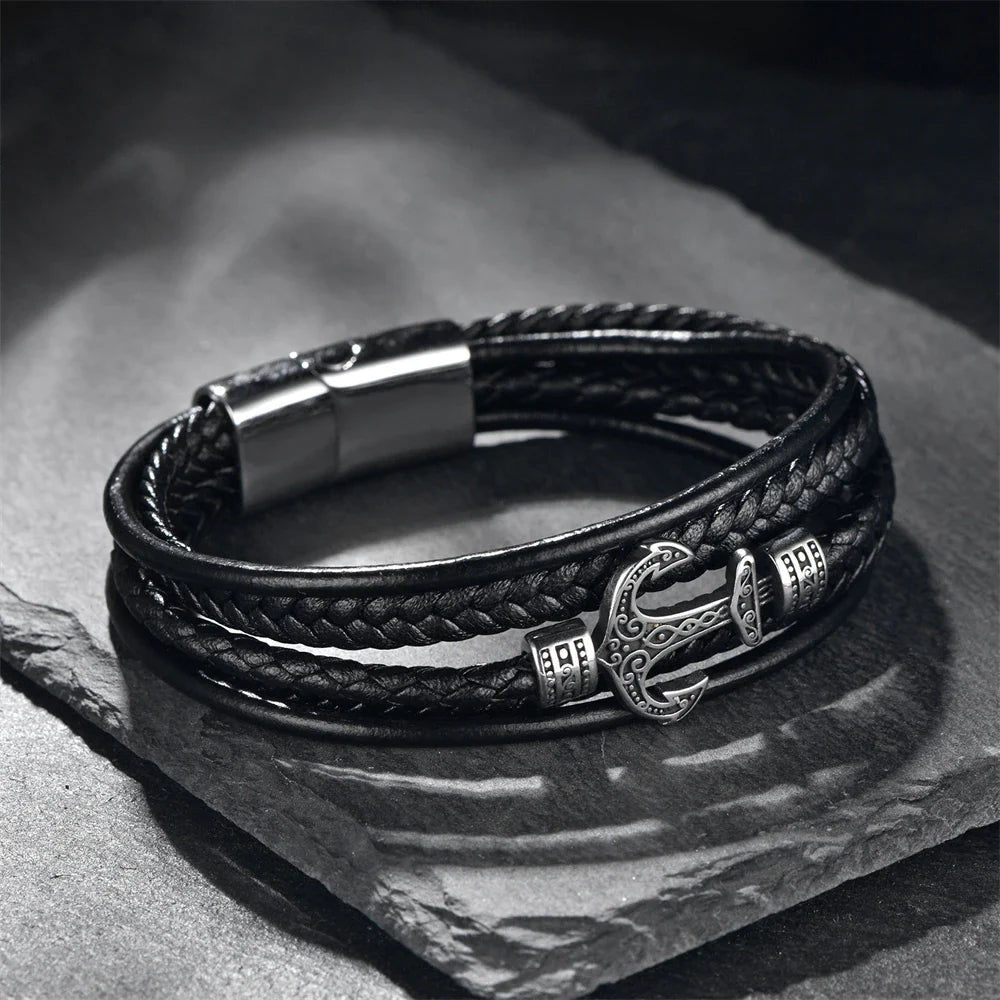 Bracelet Ancre Homme Cuir Tressé Noir RUNES VIKING