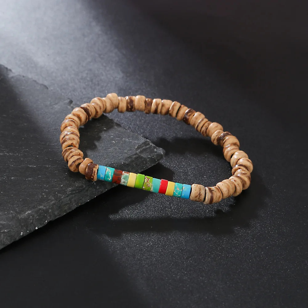 Bracelet Homme Perle BOIS COLORÉ NATUREL ARTISANAL - Titanium Plated