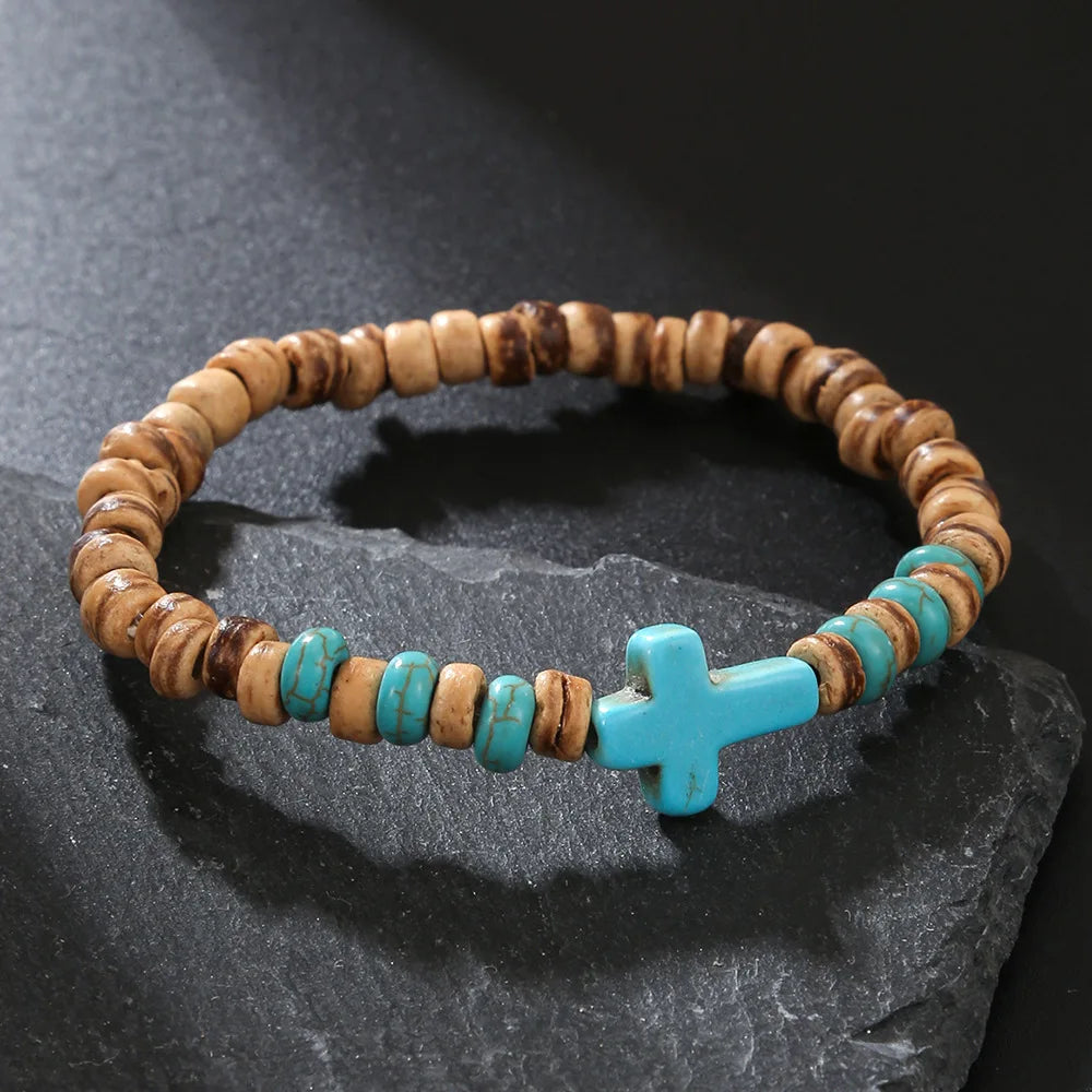 Bracelet Homme Perle BOIS NATUREL CROIX TURQUOISE