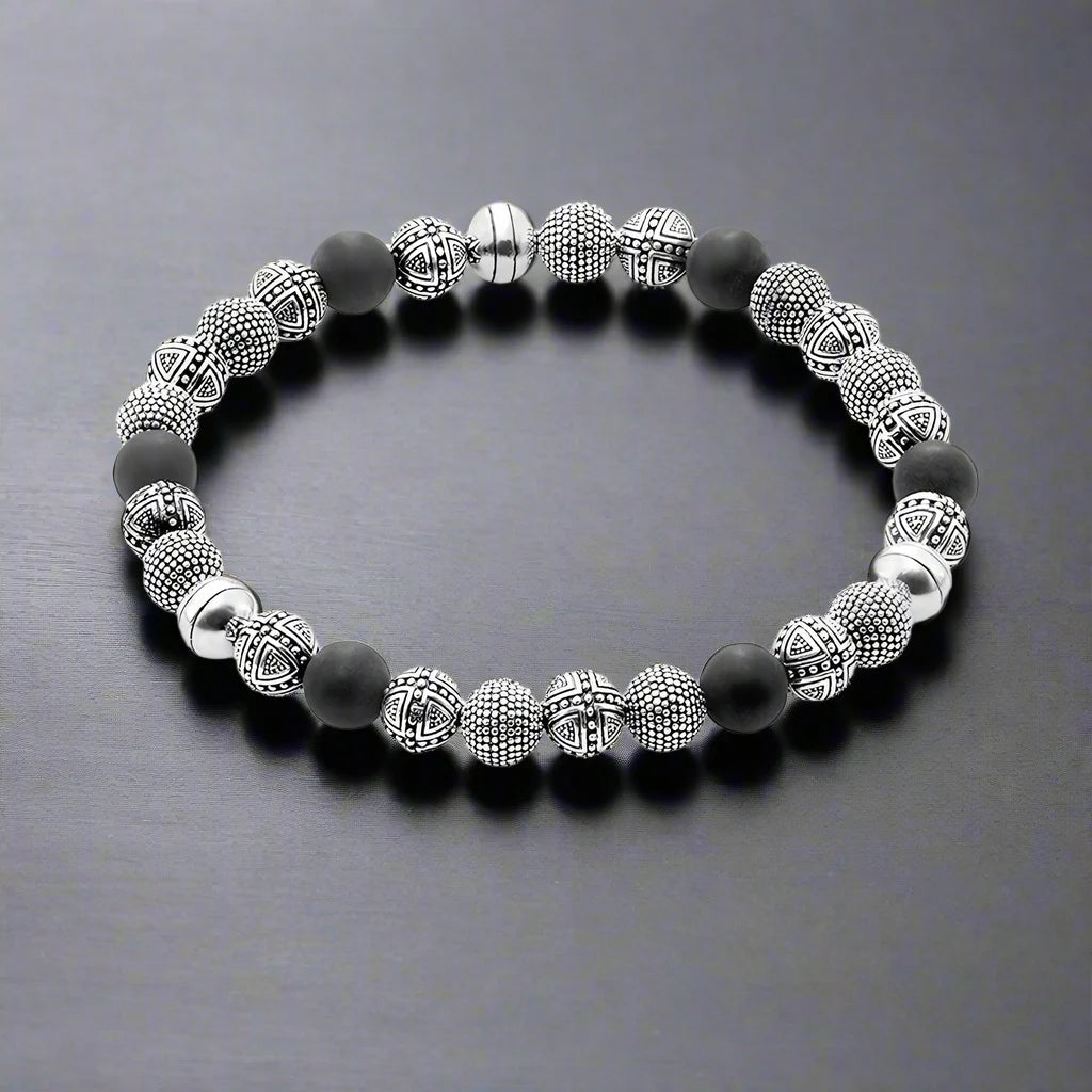 Bracelets Cross Beads & Obsidian For Rebel Men Masculine 925 Sterling Silver Jewelry - 16cm