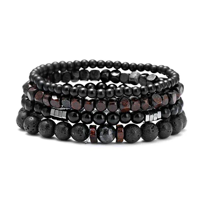 Hematite Volcanic Stone Wood Beads Charm Men’s Combo Set Elastic Bracelet Multi-layered - Style 2