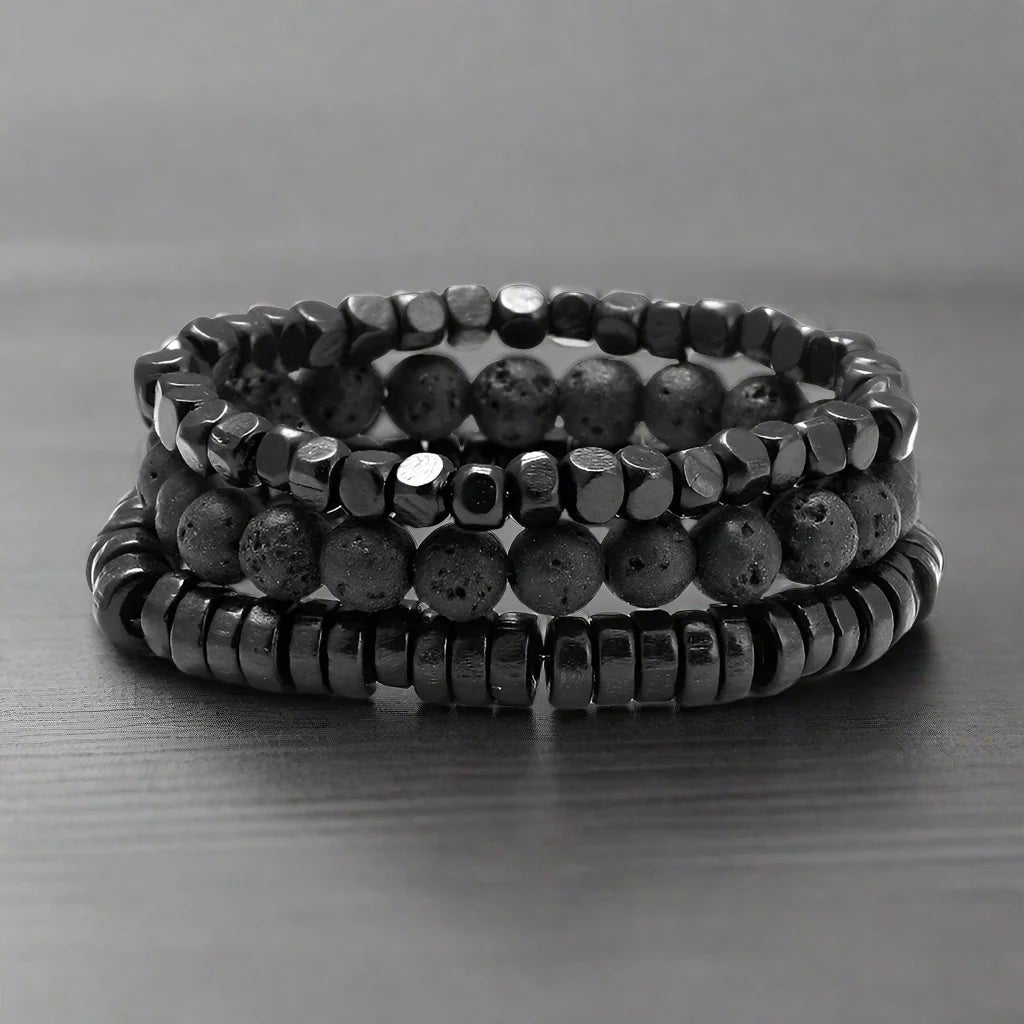 Hematite Volcanic Stone Wood Beads Charm Men’s Combo Set Elastic Bracelet Multi-layered - Style 2